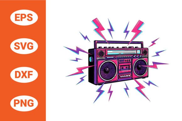 Retro Boombox with Colorful Lightning Bo
