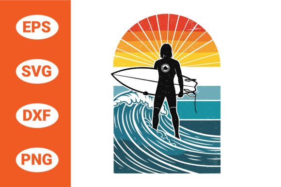 Surfer on Wave Sunset Retro Style Vector Review